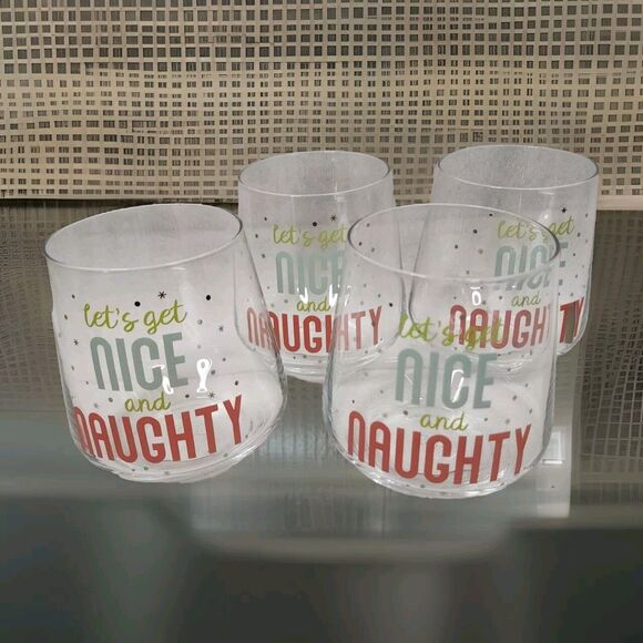 4 Pc Stemless Wine Glass Barware "Let's Get Nice And Naughty" Holiday Seasonal - Picture 3 of 15